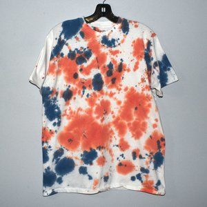 100% Cotton tye dyed orange, white, and blue tee